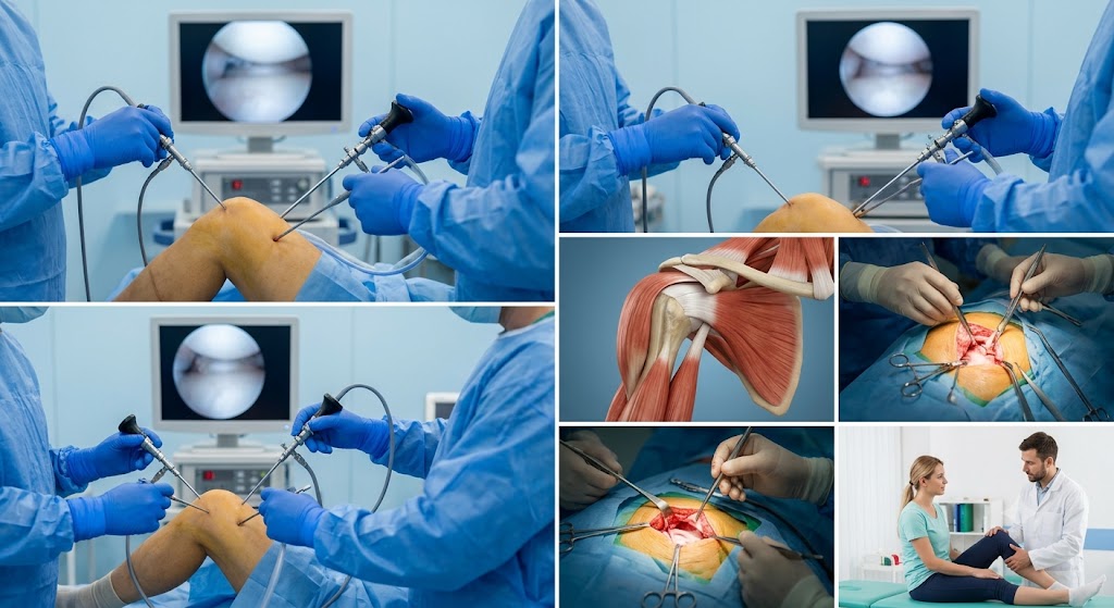 Comparison diagram between Open Surgery (large incision, weeks recovery) and Arthroscopic Surgery (tiny keyhole incisions, days recovery)